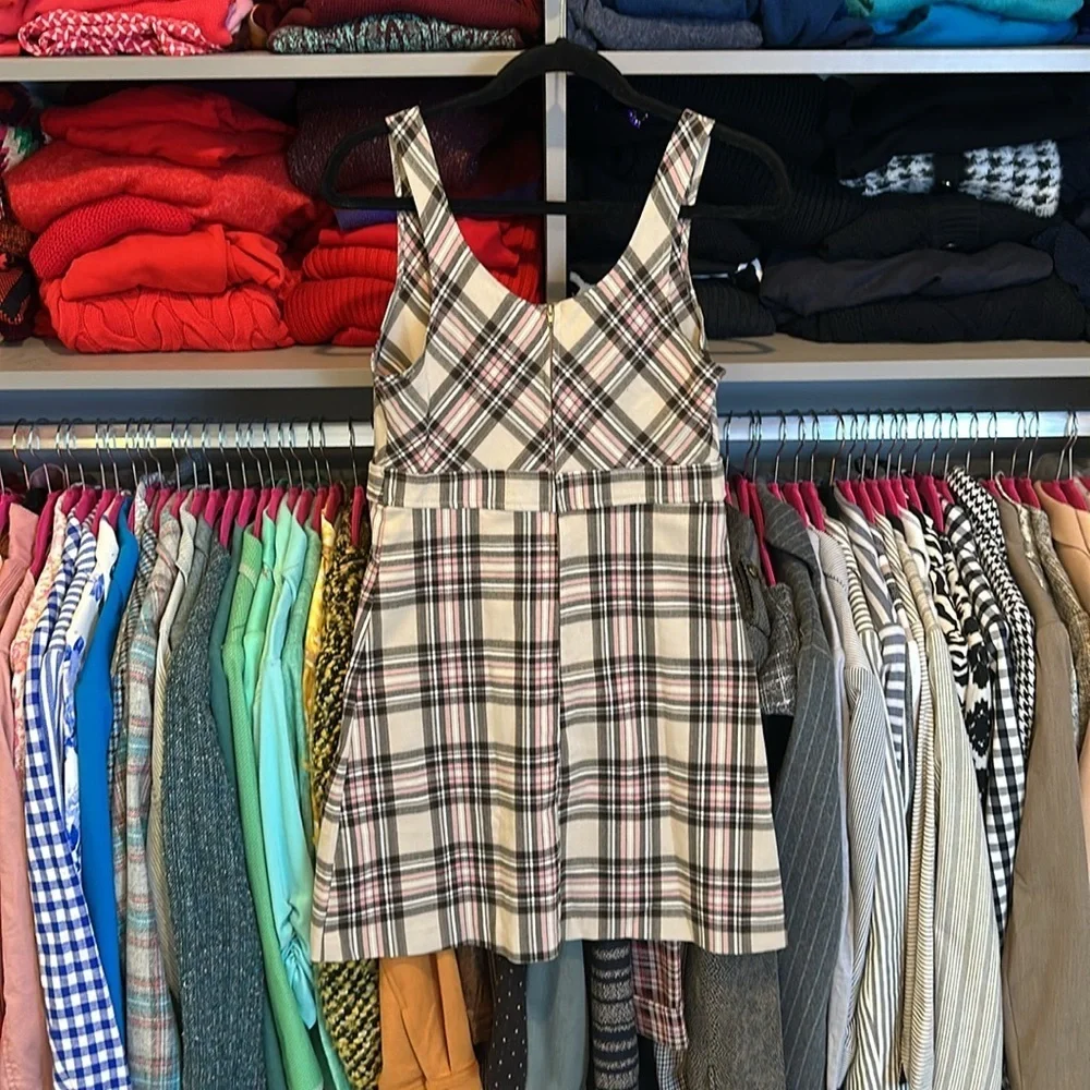 Voice tan/black/pink plaid sleeveless back zipper closure dress size S